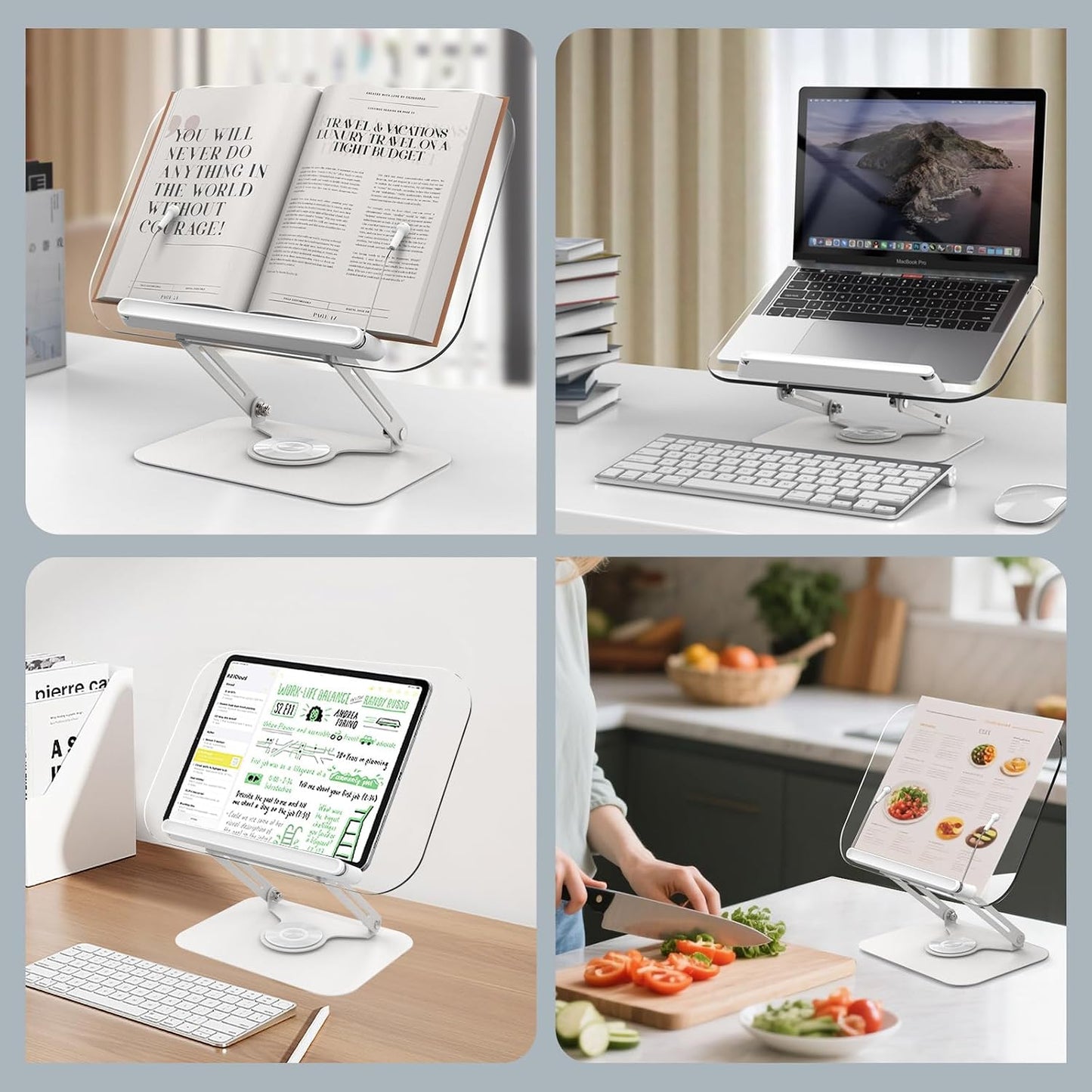 Acrylic Book Stand for Reading Hands Free - Adjustable 360° Rotating Cookbook Holder with Elastic Page Clips & Foldable
