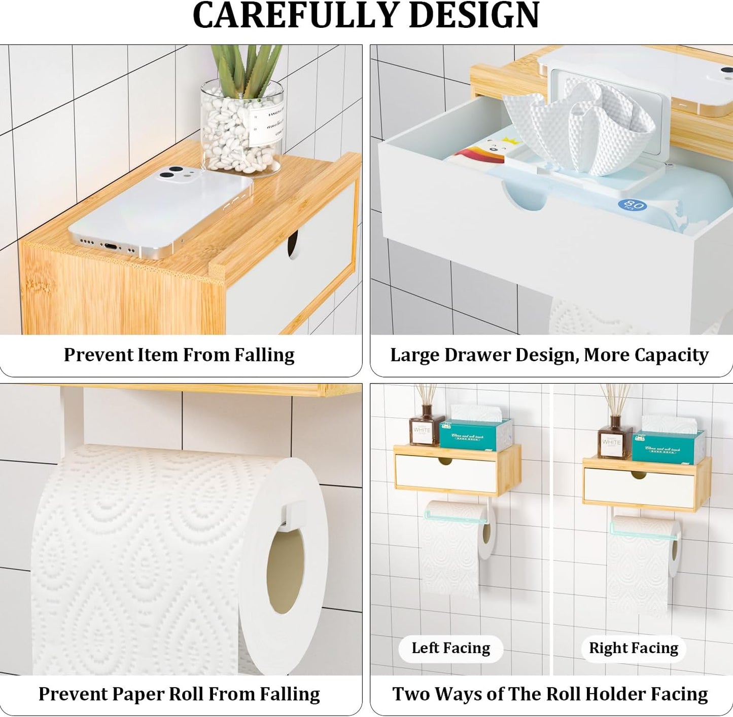 Domax Toilet Paper Holder with Shelf,Wall Mount/Adhesive Bathroom Toilet Paper Holder,Bamboo Wood Tissue Toilet Roll