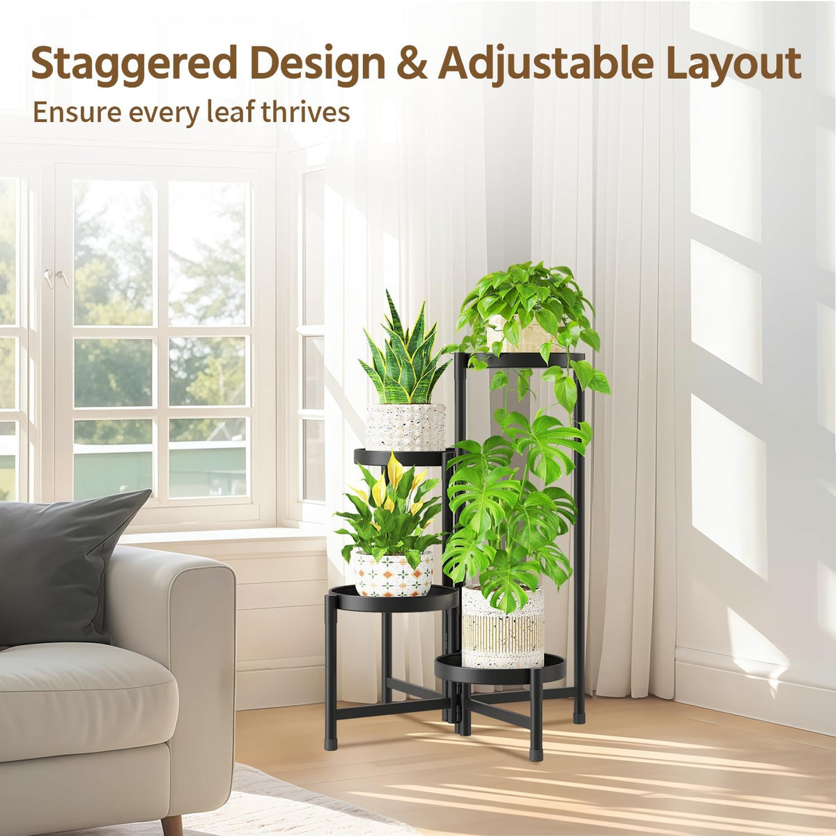 LASZOLA Plant Stand Indoor with 10 Inch Large Metal Tray, 4 Tier Black | Corner Tall Folding Flower Display Rack