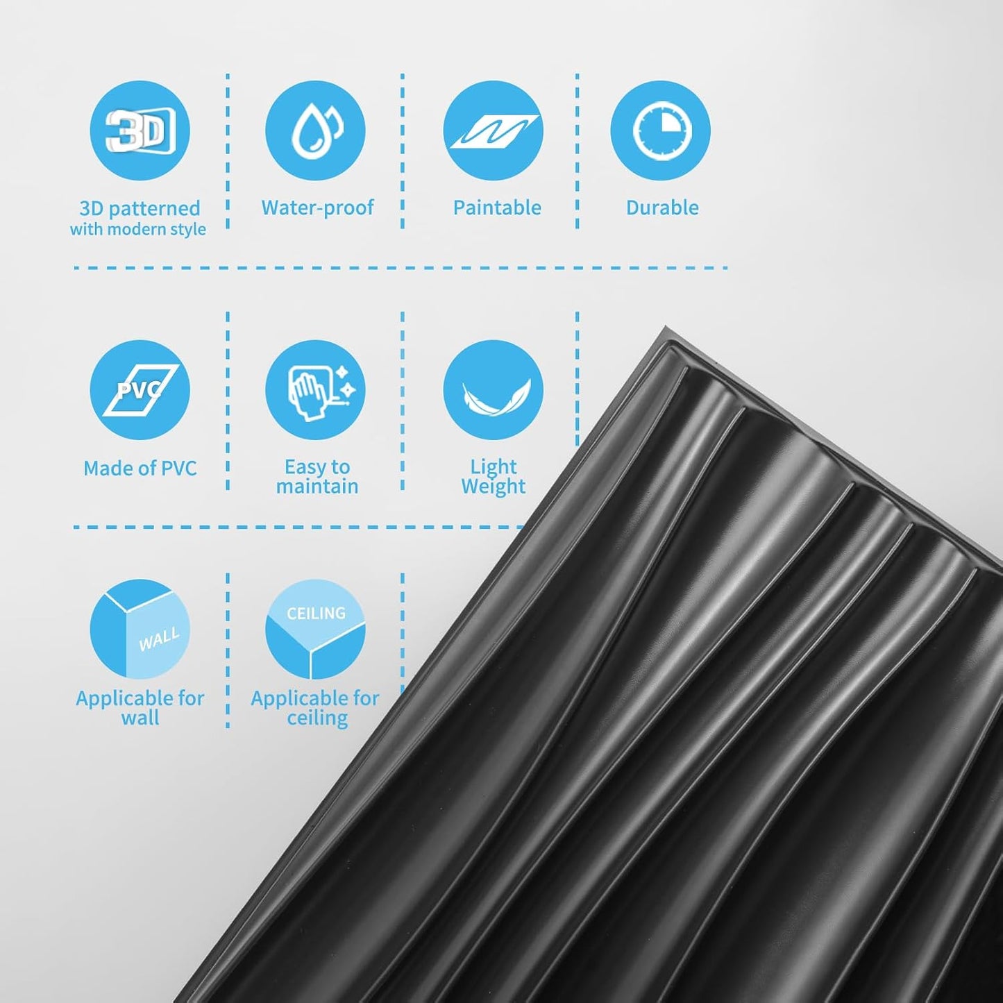 Art3d PVC Wavy Textured 3D Wall Panels, 15.7 x 11.8 Inch, 24-Pack, Black | PVC, Waterproof, Featherlight, Scratch