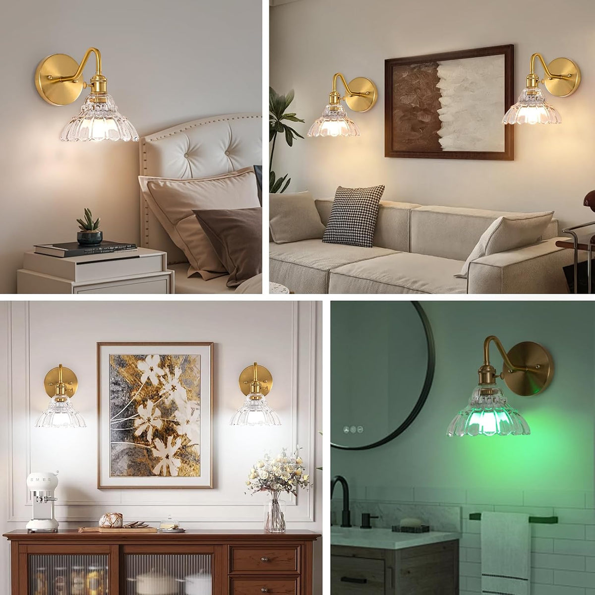 Vintage Battery Operated Wall Sconces Set Of Two, Indoor not Hardwired Brass Transparent Glass Lampshade Fixtures