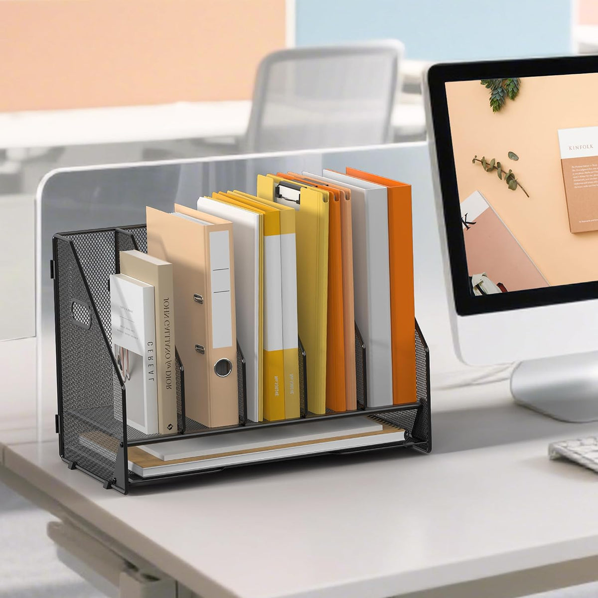 5 Vertical Mesh Desk Organizer with Paper Letter Tray, Black | Sorting racks with lower letter tray section.