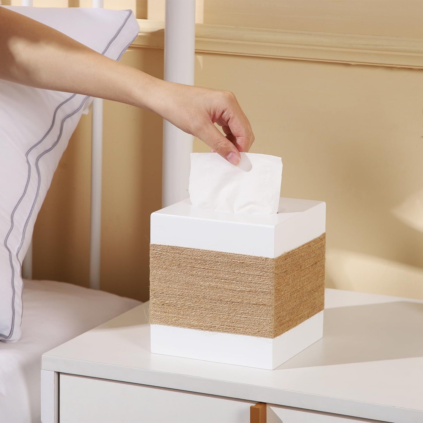 Wood Tissue Box Cover Square / Hemp-rope-square