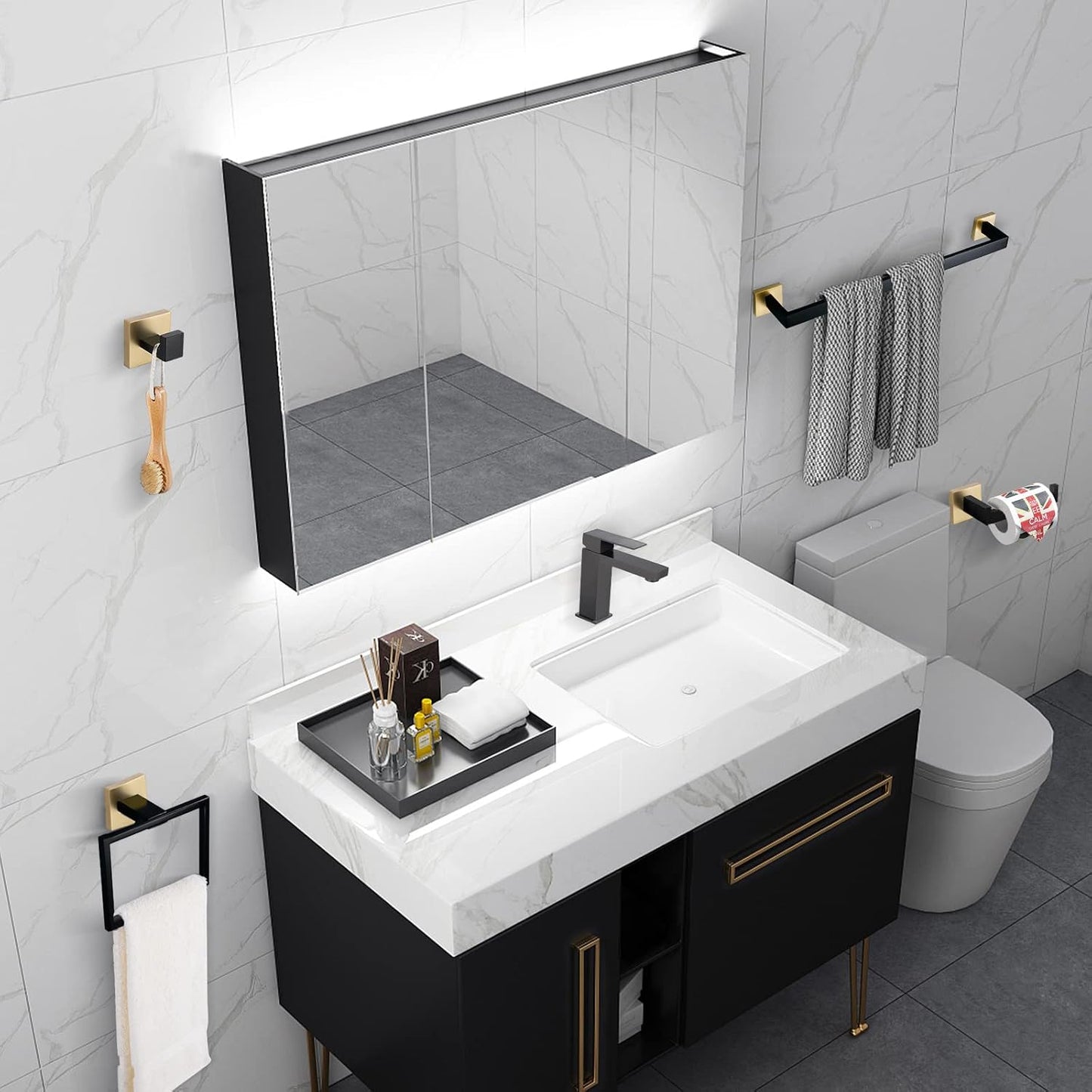 Bathroom Towel Bar Holder Sets Black and Gold 4-Piece Bathroom Hardware Set Stainless Steel Bath Accessories Kit. Wall