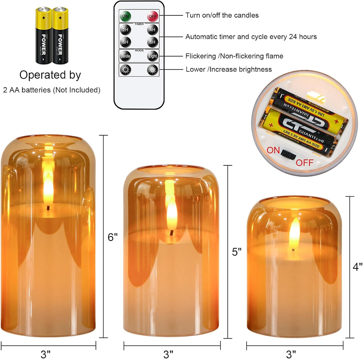 GenSwin Gold Glass LED Flameless Candles with Remote Timer | Battery Operated Candles with Flickering, Real Wax Pillar