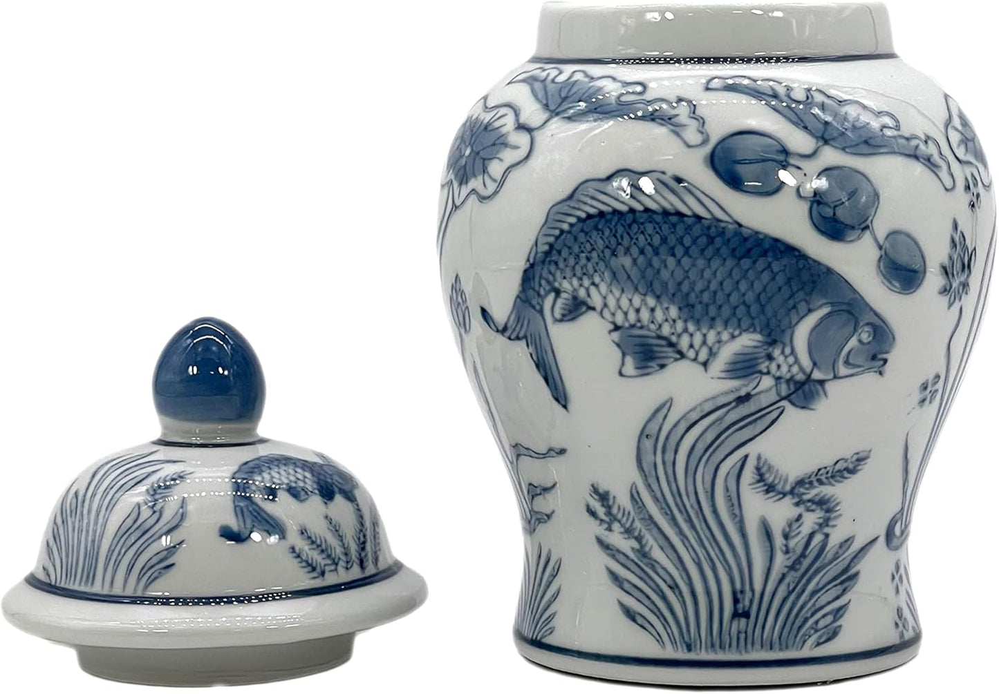 8" Ceramic Ginger Jar w/Lid / Slate Blue & White Koi