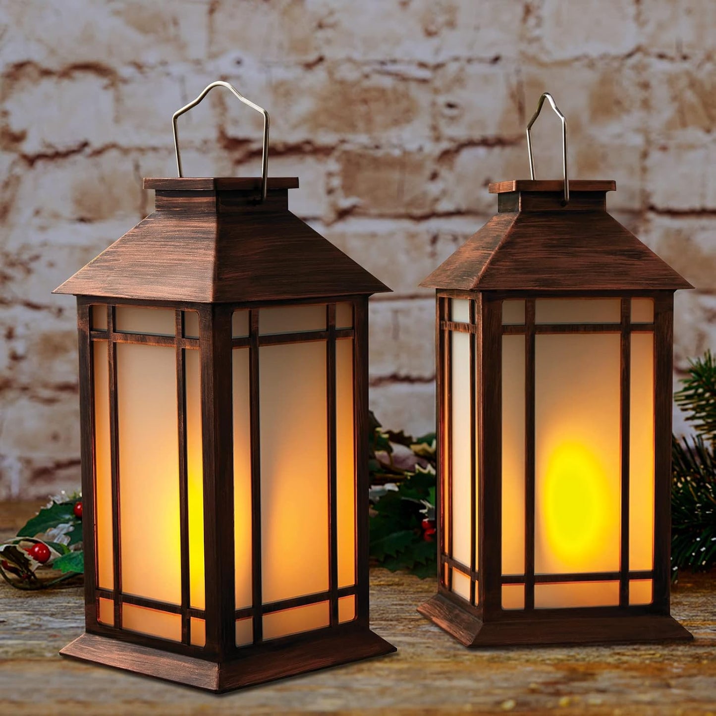 Bdor 13 Inch Outdoor Decorative Lanterns with LED Candle Timer 2 Pack Brown | Battery powered convenience, cozy