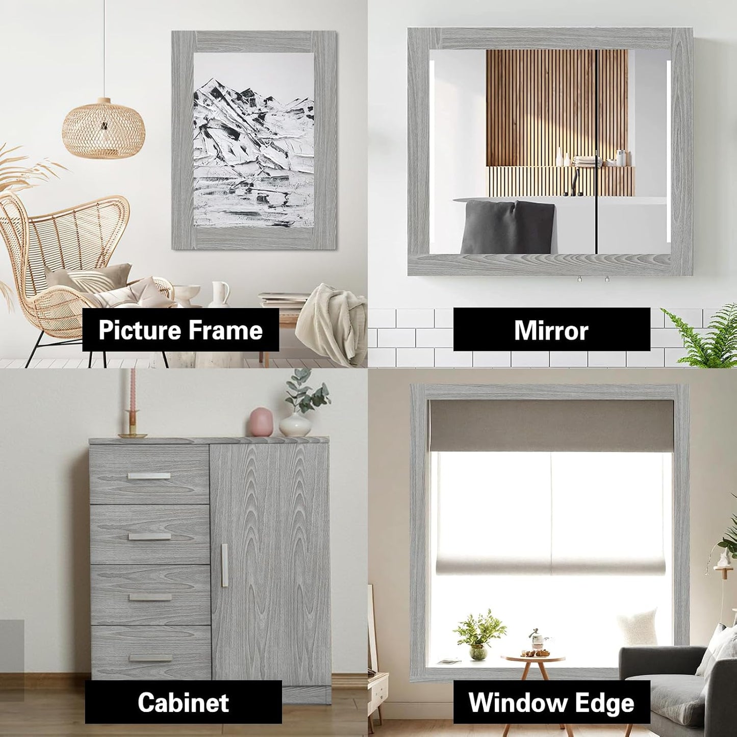 Self Adhesive Waterproof Wallpaper Mirror Frame Tape / Grey Wooden / 3.9 x 393