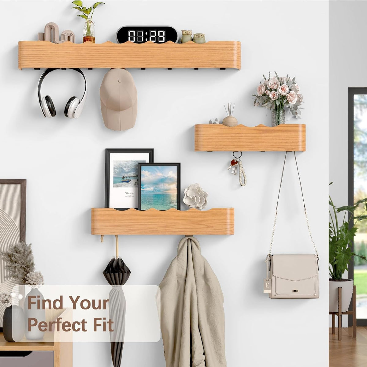 Coat Rack Wall Mount with Hidden Hooks, Wall Hooks with Shelf, Wall Key Holder Mount Wooden Shelf Entryway Hooks for