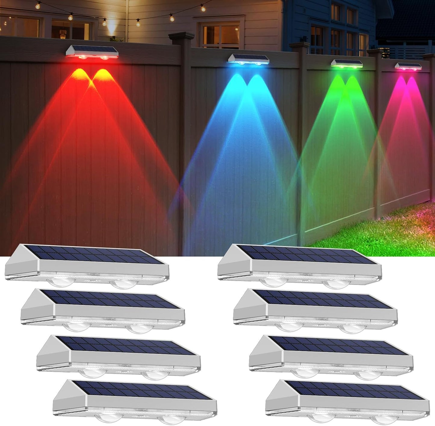 8 Pack Solar Fence Lights Outdoor - Warm White & RGB 6 Color, Dusk to Dawn Deck Light, Solar Powered Light Outdoor IP65