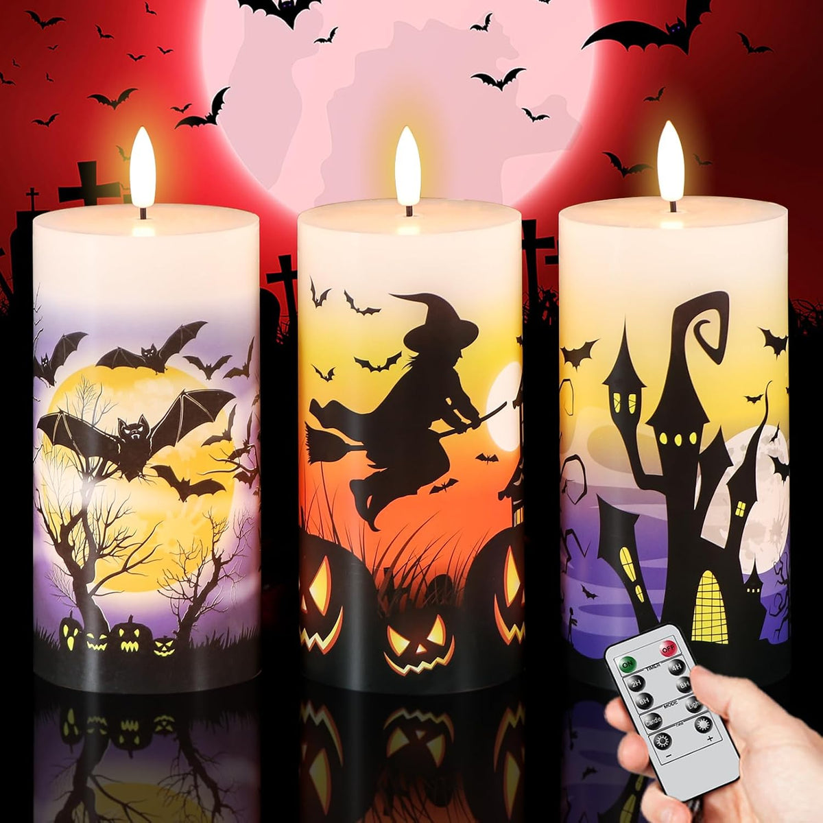 Halloween Flameless Pillar Candles Battery Operated Remote Timer