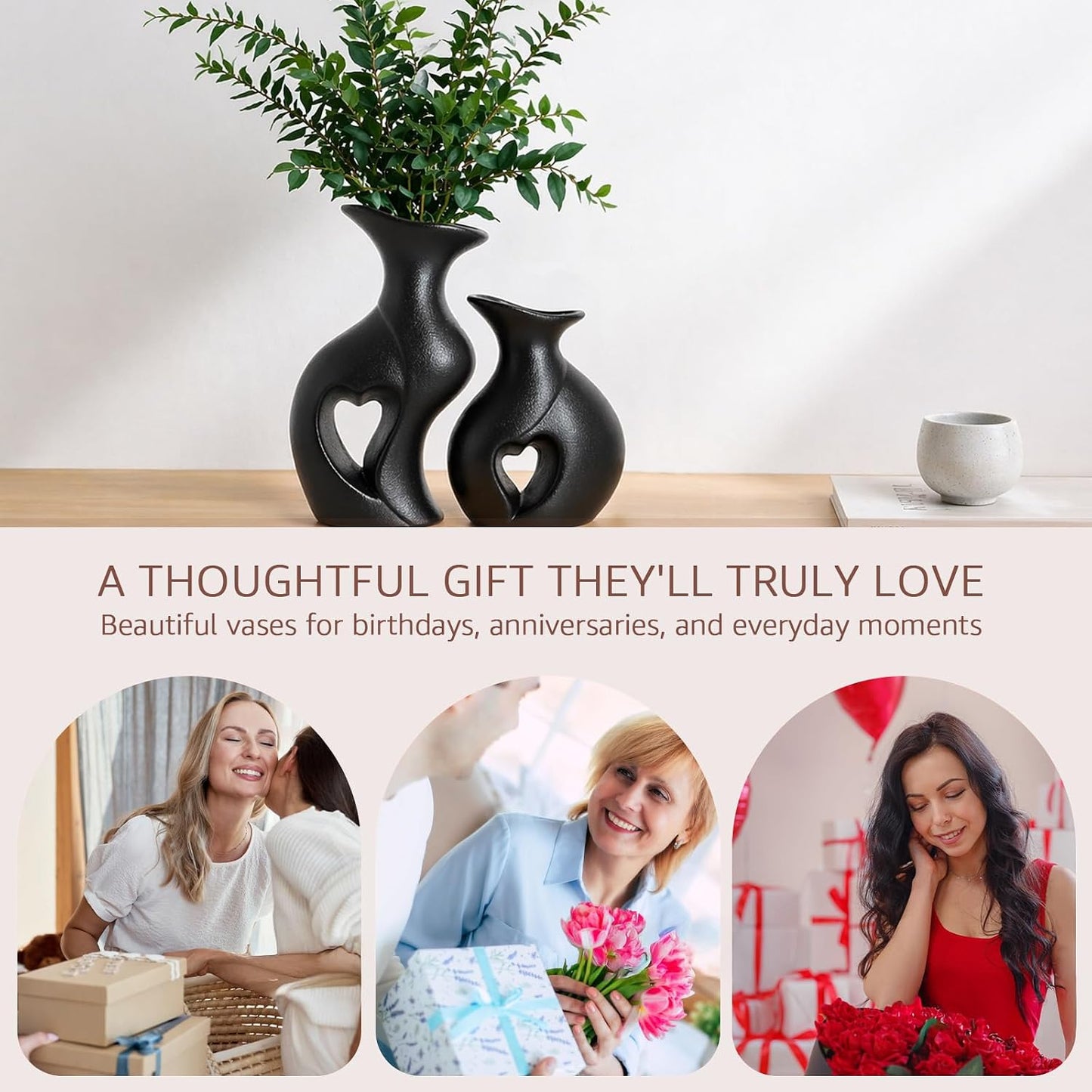 Ceramic Vases / Hollowed Heart Flower Vase for Modern Nordic Boho Home Decor / Black / Set of 2