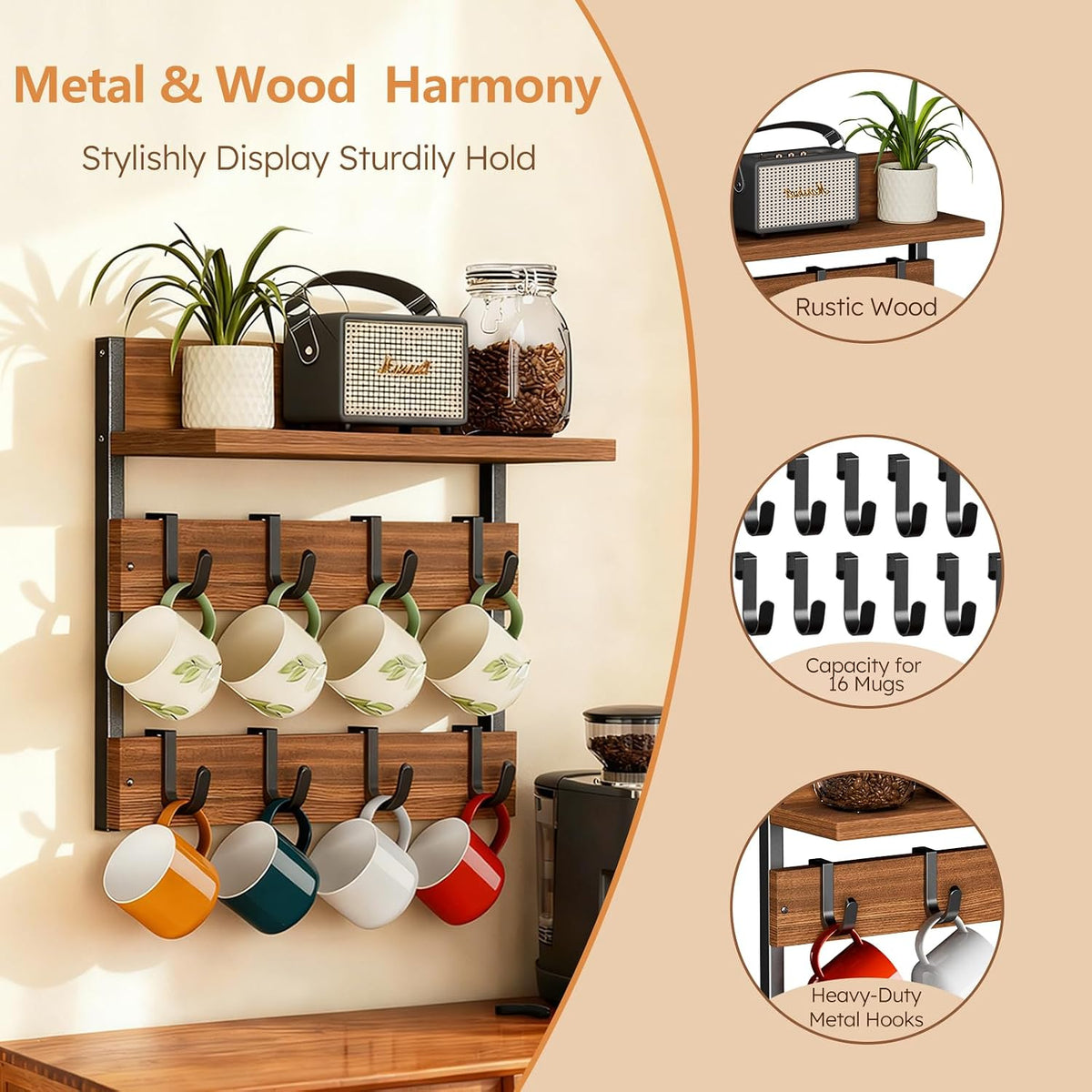 2-in-1 Coffee Cup Holder Wall Mounted with 16 Adjustable Hooks | 4-Tier Coffee Mug Holder Wall Mount with Display