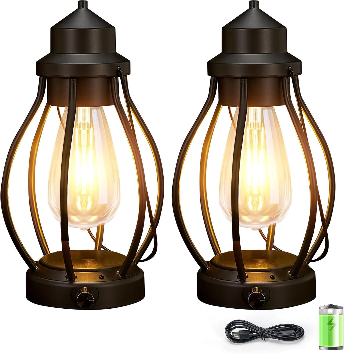 Battery-Powered LED Lanterns Vintage Lights for Camping, 2 Pack Rechargeable Lantern with Dimmerble Warm White Edison