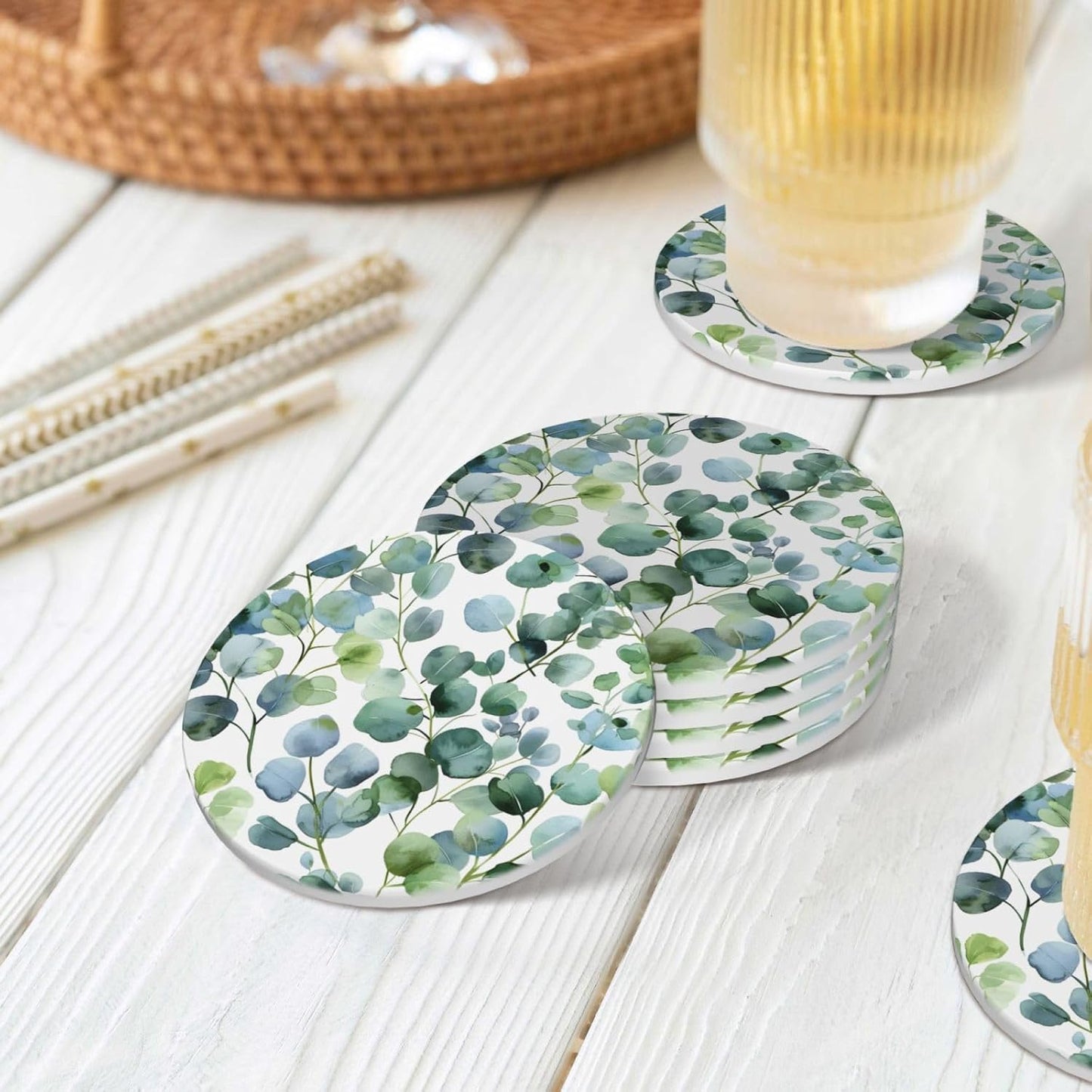 Coasters for Drinks Absorbent Round Ceramic Coasters / Green Eucalyptus Leaves / 4.1 Inch / Set of 4