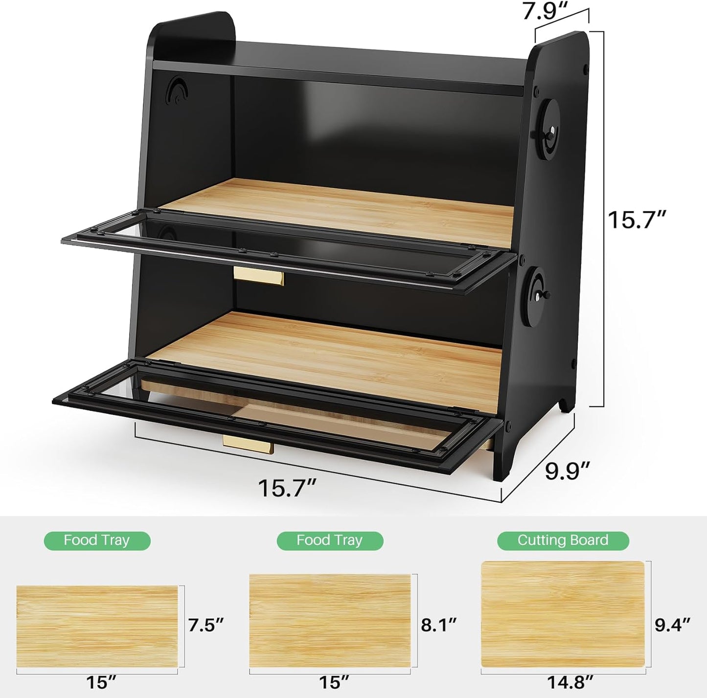 SNTD 2 Tier Bread Box for Kitchen Countertop, Adjustable Ventilation, Black | Bamboo Cutting Board, Airtight Design
