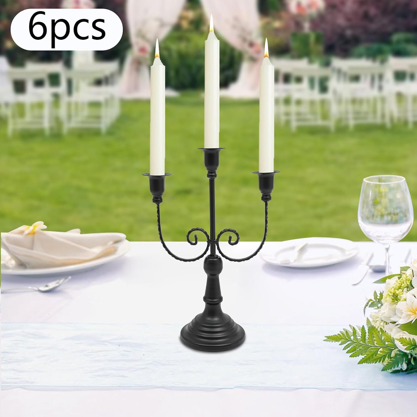 3 Arm Metal Candelabra Candle Holders Set of 6, Elegant Retro Taper Candle Stand for Wedding, Party, Dining Table