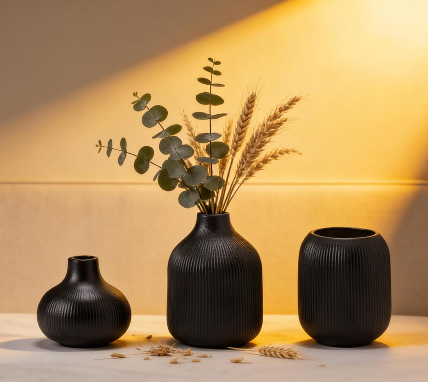 Black Ceramic Vase Set 3 Modern Style Decor Farmhouse Home Living Room Dining Table Room / 15 Black