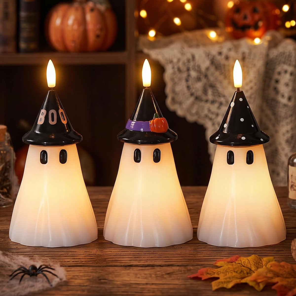 Halloween Decor Flameless Ghost Candles with Witch Hat, 3PCS
