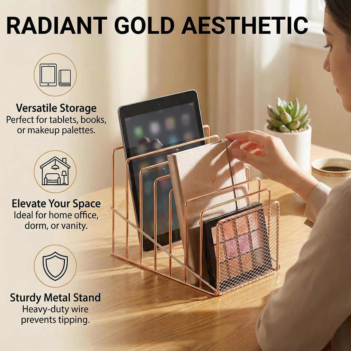 Rose Gold Desk Organizer 7 Slot Inclined Vertical File Folder Holder Sorter with Mesh Front – Metal Wire Rack for Mail