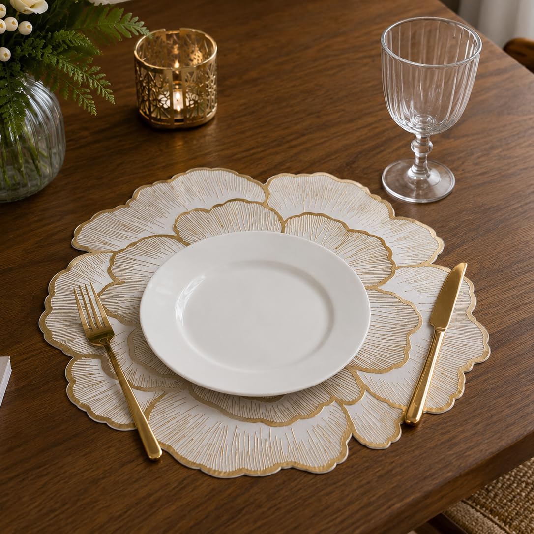 FAVE 8PCS Golden Placemats Set of 8 Gold Floral Round Placemats | Reusable Vinyl Table Mats for Wedding Banquets Party