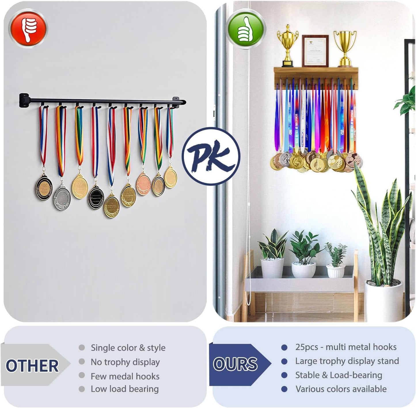 Medal Holder Display Trophy Shelf Organizer, Sturdy Wooden Race Award Hanger Rack with 25 Steel Hooks, Wall Mount