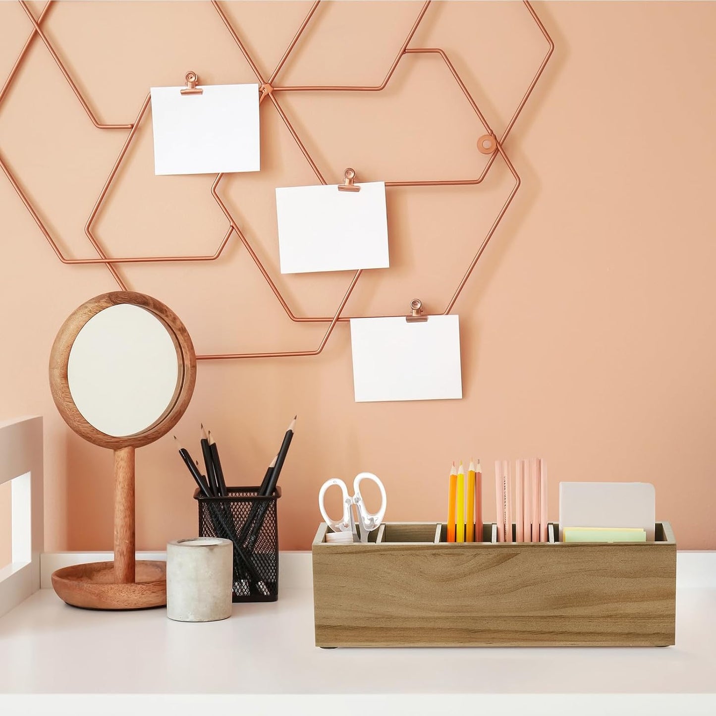 Jetec Wooden Pencil Pen Holder for Desk 6 Compartments Cosmetic Makeup Brush Stationery Office Desktop Organizers for