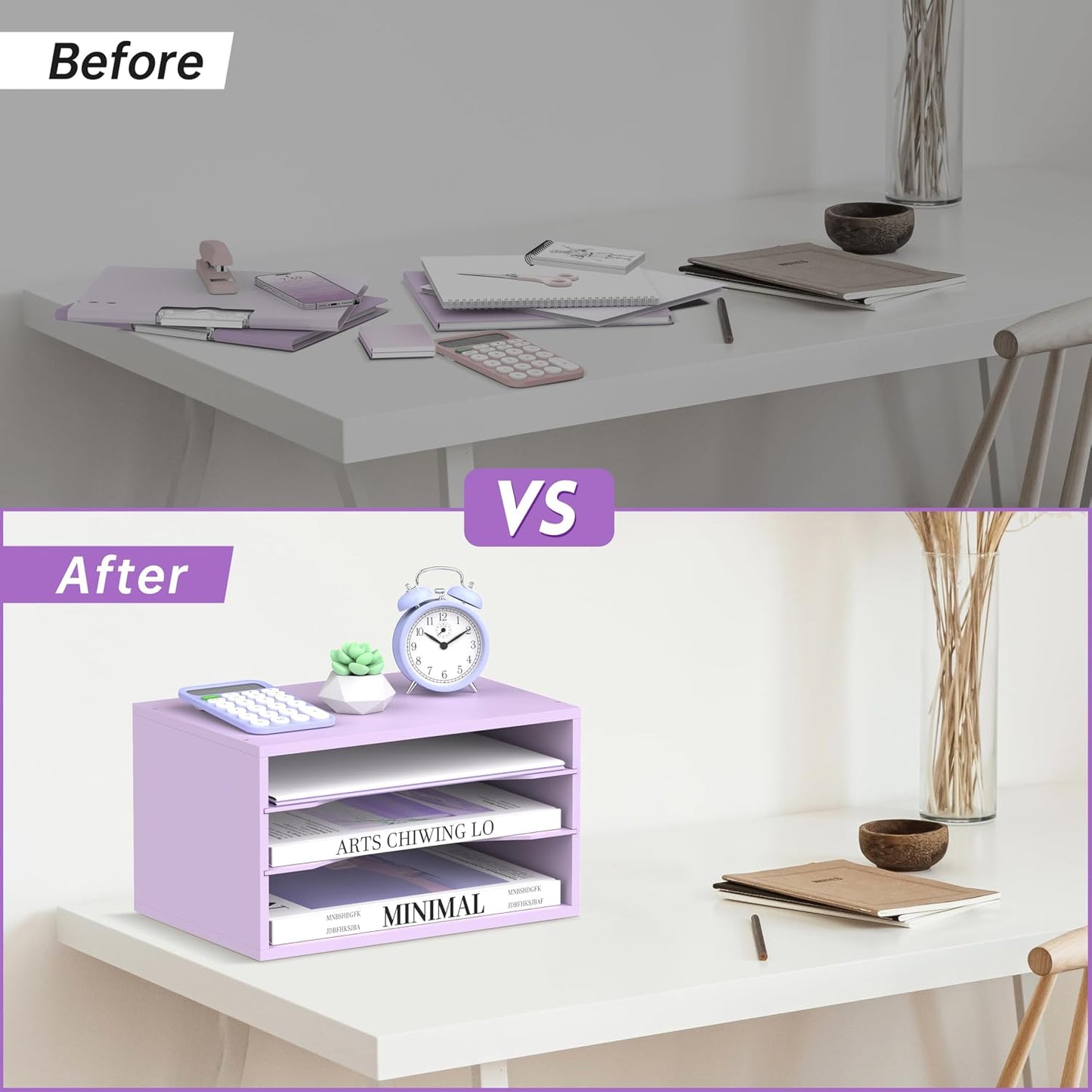 3 Tier Wood Desk Organizer, Paper Organizer for Desk, Purple | Wooden Desktop Organizer for Sorting Papers, Letters and