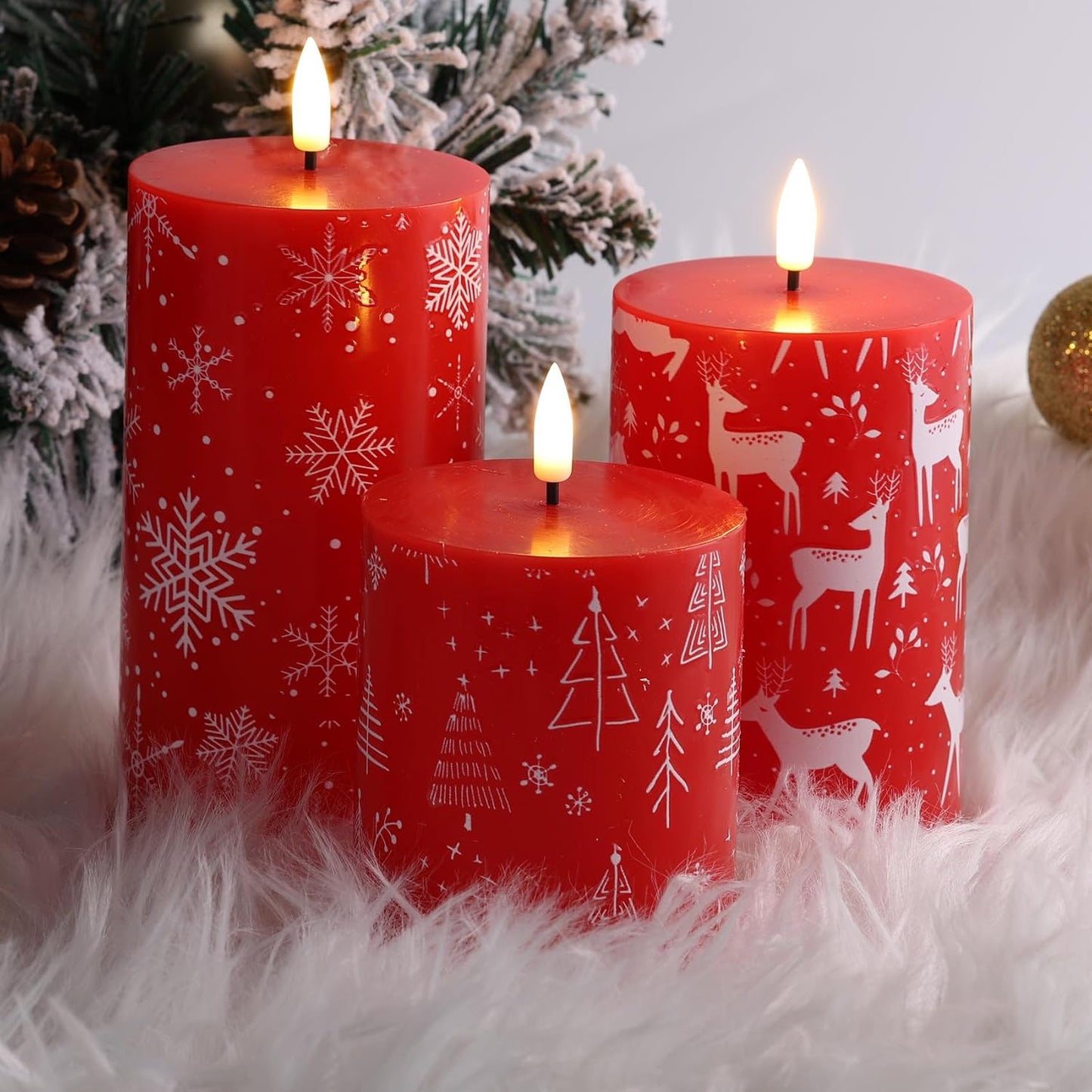 Red Deer Snowflakes Christmas Tree LED Pillar Candles with Remote Set of 3 | Flickering Flameless Wax Candles, Flat
