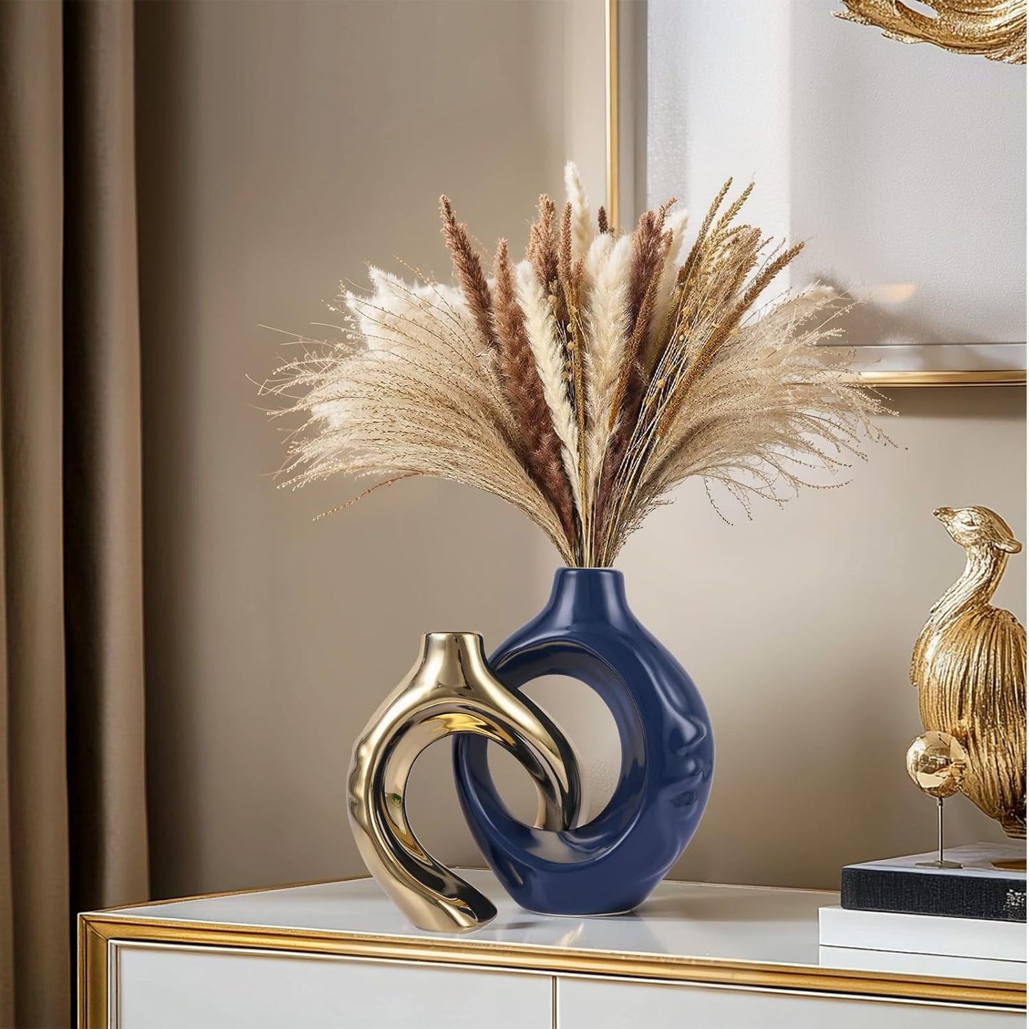 Round Boho Vase for Pampas Grass / Blue / Set of 2