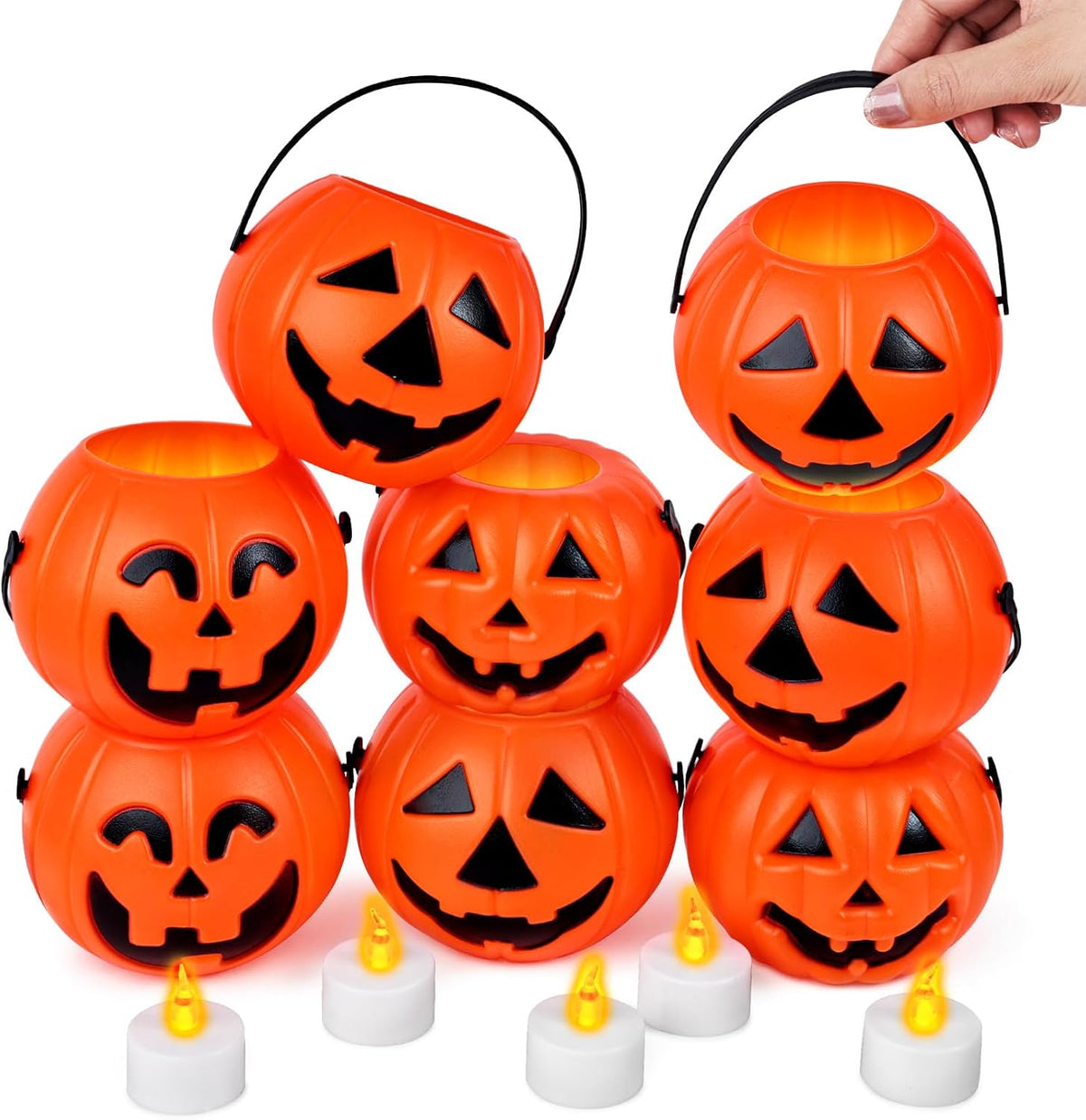 3 otters 8PCS Halloween Pumpkin Buckets, Mini Portable Pumpkin Buckets Trick or Treat Buckets for Party Birthday Halloween Family Gatherings