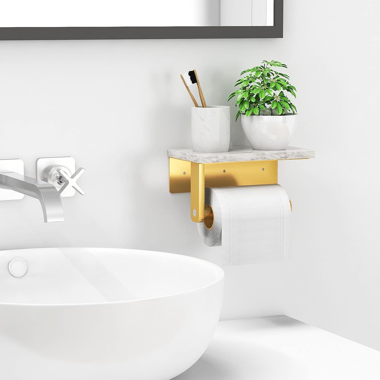 Gypie Toilet Paper Holder with Marble Shelf, Wall Mounted Gold | Stainless Steel Screw, Tissue Roll Paper Holder
