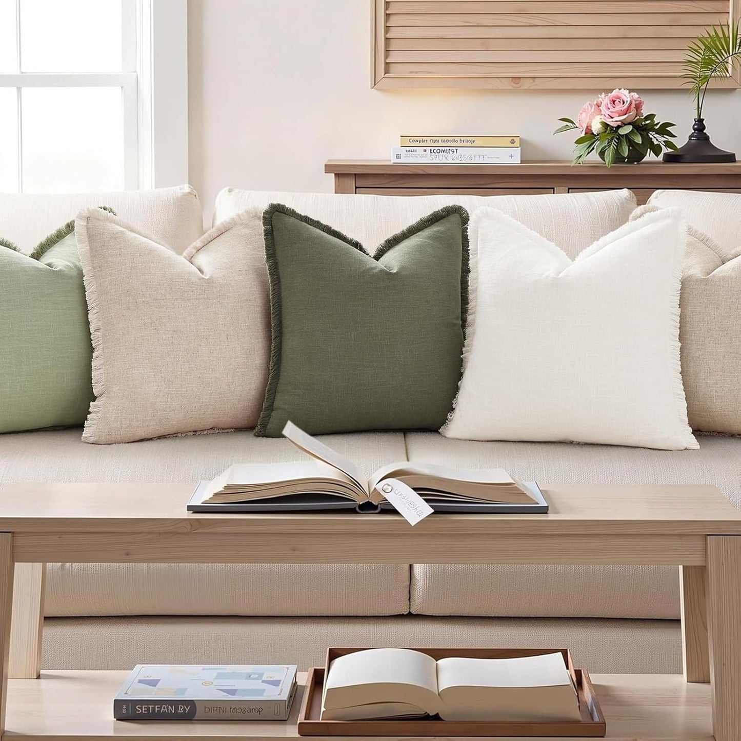 Summer Decorative Neutral Linen Fringe Throw Pillow Covers / Natural Beige / 18 x 18 / Set of 2