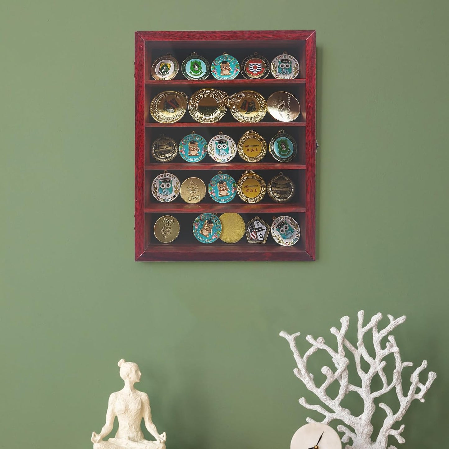 FramePro 11x14 Display Case with Adjustable Shelves Cherry, 4-Tier Memory Shadow Box for Wall, Deep Wooden Keepsake