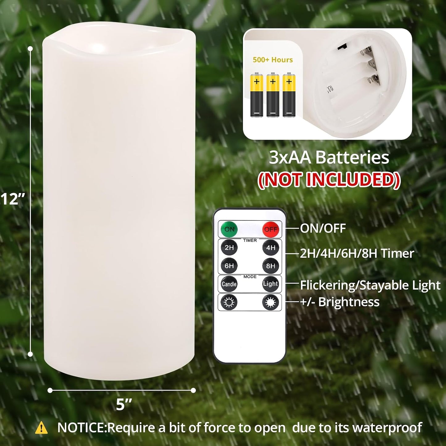 NURADA Large Outdoor Flameless Candles 12" x 5" - Waterproof LED Pillar Flickering Candle Battery Operated with Timer
