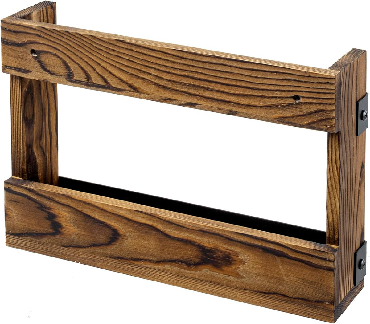 MyGift Set of 2 Rustic Burnt Wood and Matte Black Metal Wall-Mount Magazine Racks – Industrial Style Display Holders