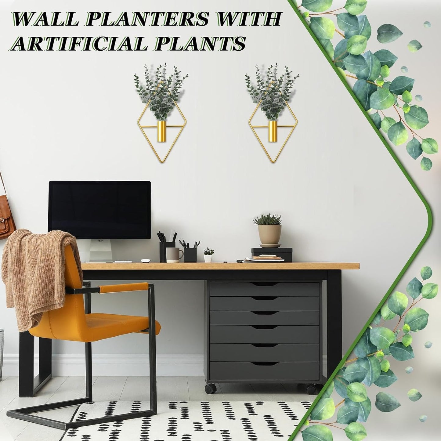 Artificial Metal Hanging Vase Indoor Plants Holder Modern Geometric / Gold / Eucalyptus / Set of 4
