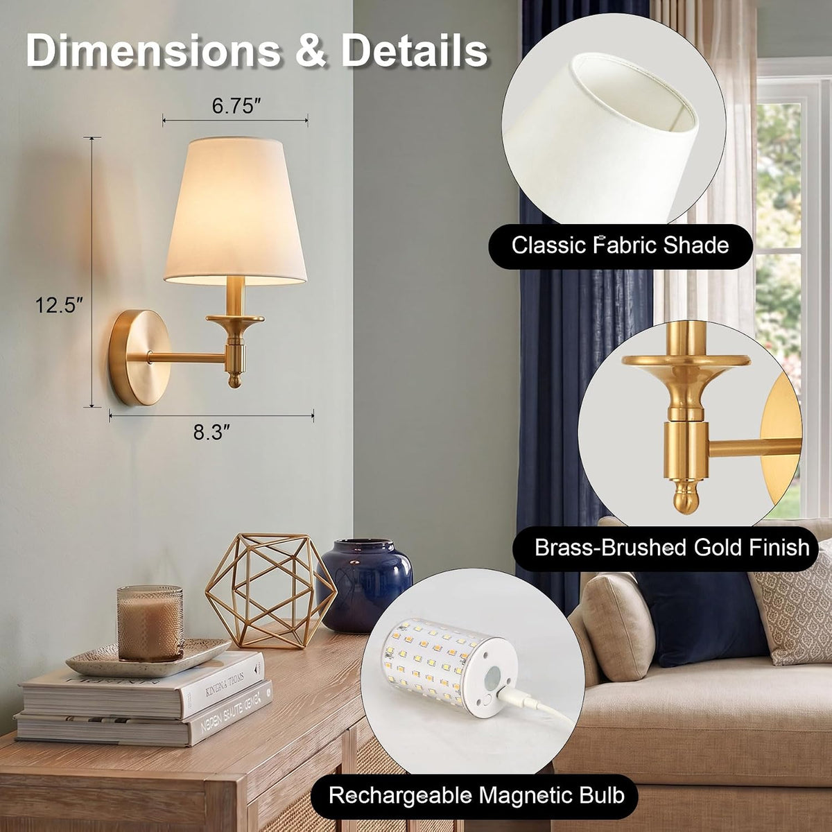 Gold Battery Operated Wall Sconce Set of 2, Wireless Wall Lights with 3 CCT Color Temperature & Dimmable Magnetic Bulb