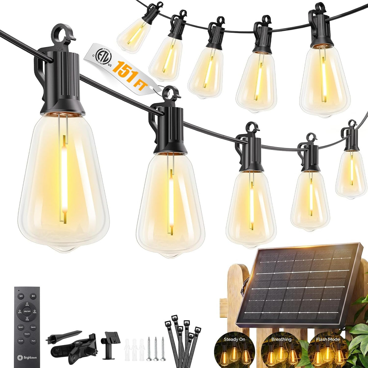 Brightown 151FT Solar String Lights Outdoor Waterproof, Up to 26Hrs Runtime