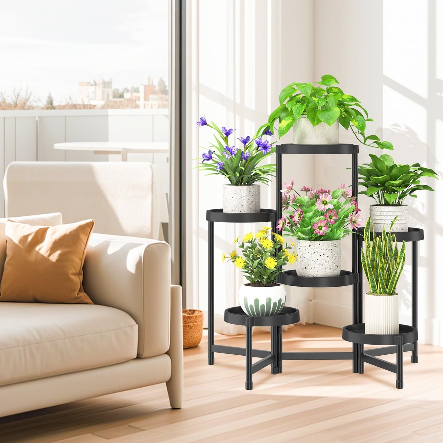 iDavosic.ly 6 Tier Folding Plant Stand Indoor Outdoor, Plastic Tray, Black | Space Saving Tiered Corner Storage Display