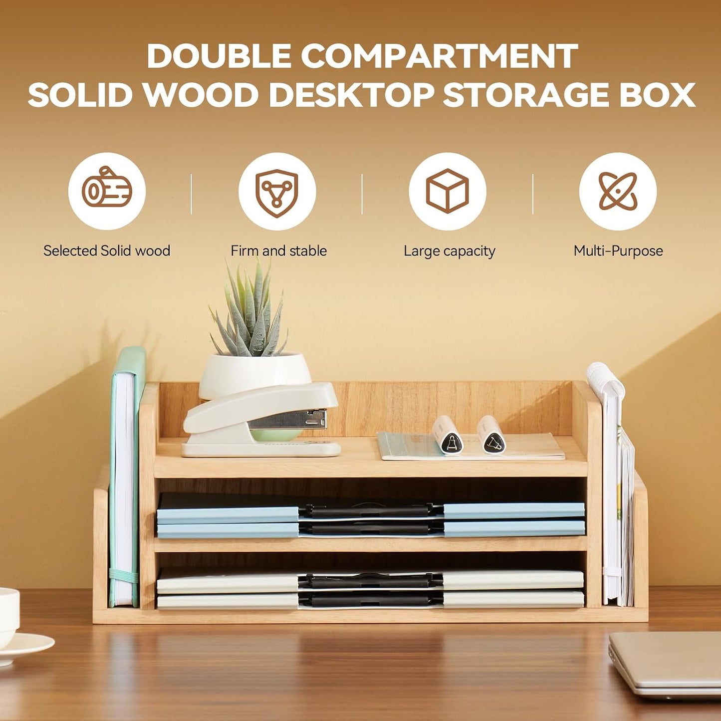 KIRIGEN Wood Desk Organizer, 5-Tray Letter Tray and Mail Sorter Natural 2TP | Solid Wood 3-Tier Desktop Organizer with