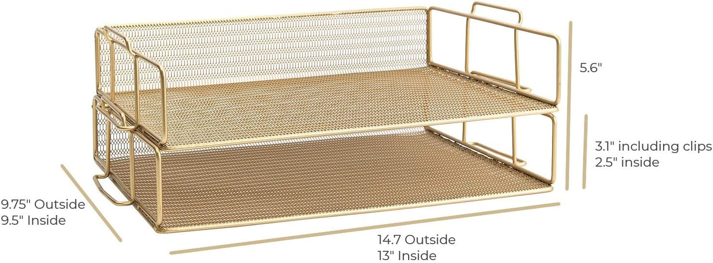 BLU MONACO | Paper Tray Stackable Gold Mesh Set of 2 | Stackable File Trays for Desk Organization | Tiered Desk