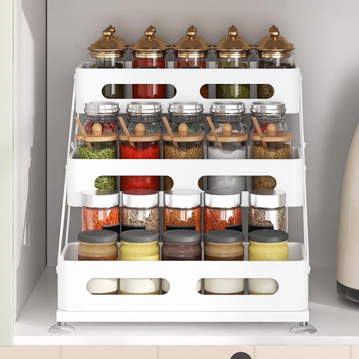 Ceetug 3 Tier Foldable Spice Rack, White | Iron, For Countertop, Kitchen Seasoning Organizer, For Cabinet