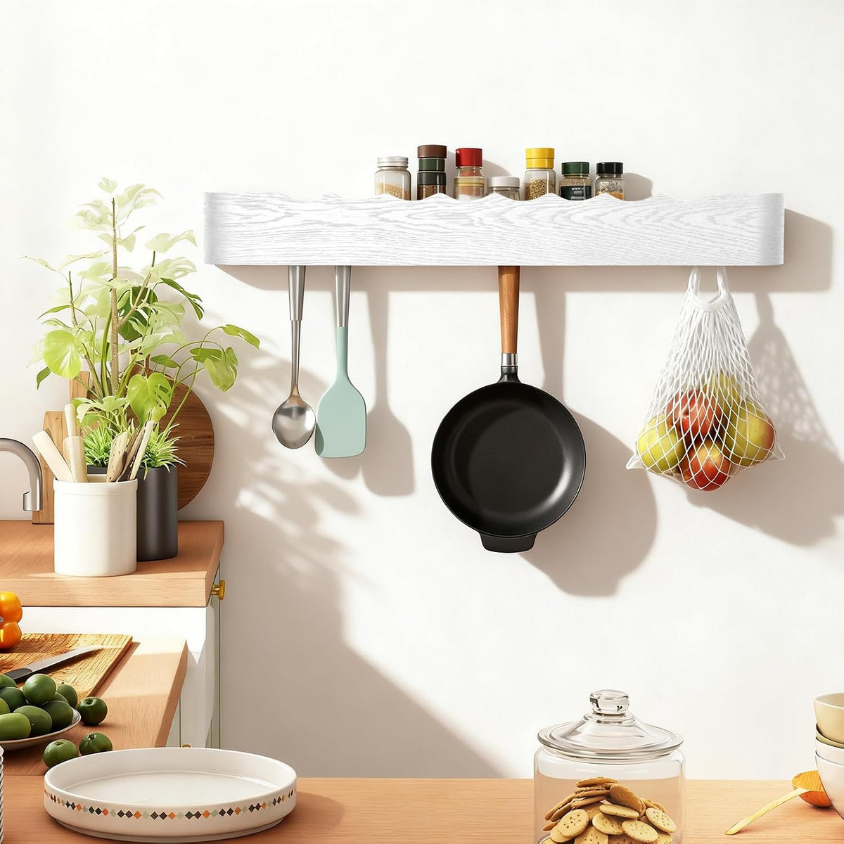 Coat Rack Wall Mount with Shelf Entryway Shelf Modern Key Holder Hanger Wall Shelves with Hidden Hooks for Hanging