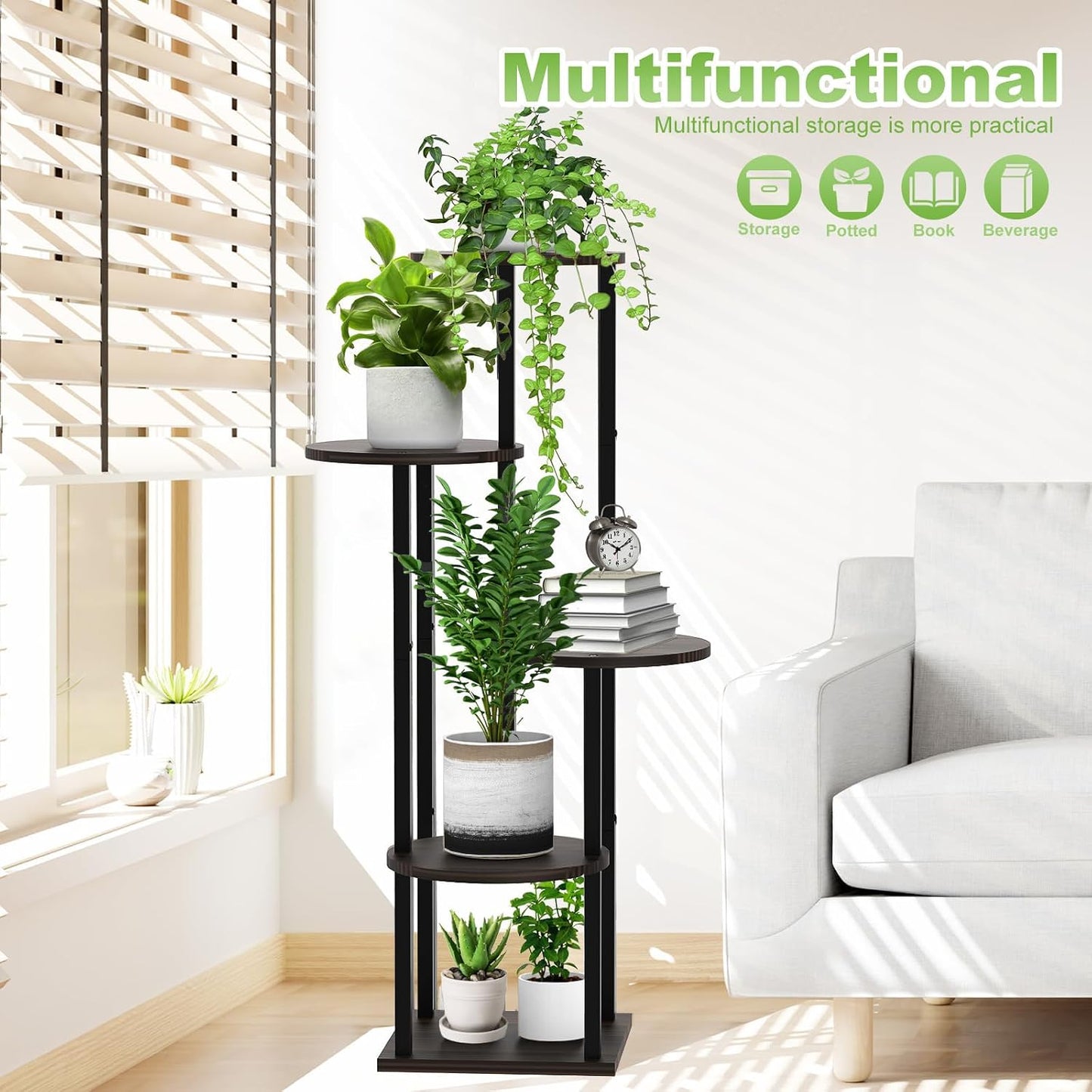 5 Tier Wood Tall Plant Stand Metal Rack Indoor, Multiple Flower Pot Holder Shelves Corner Rack, Round Planter Shelf