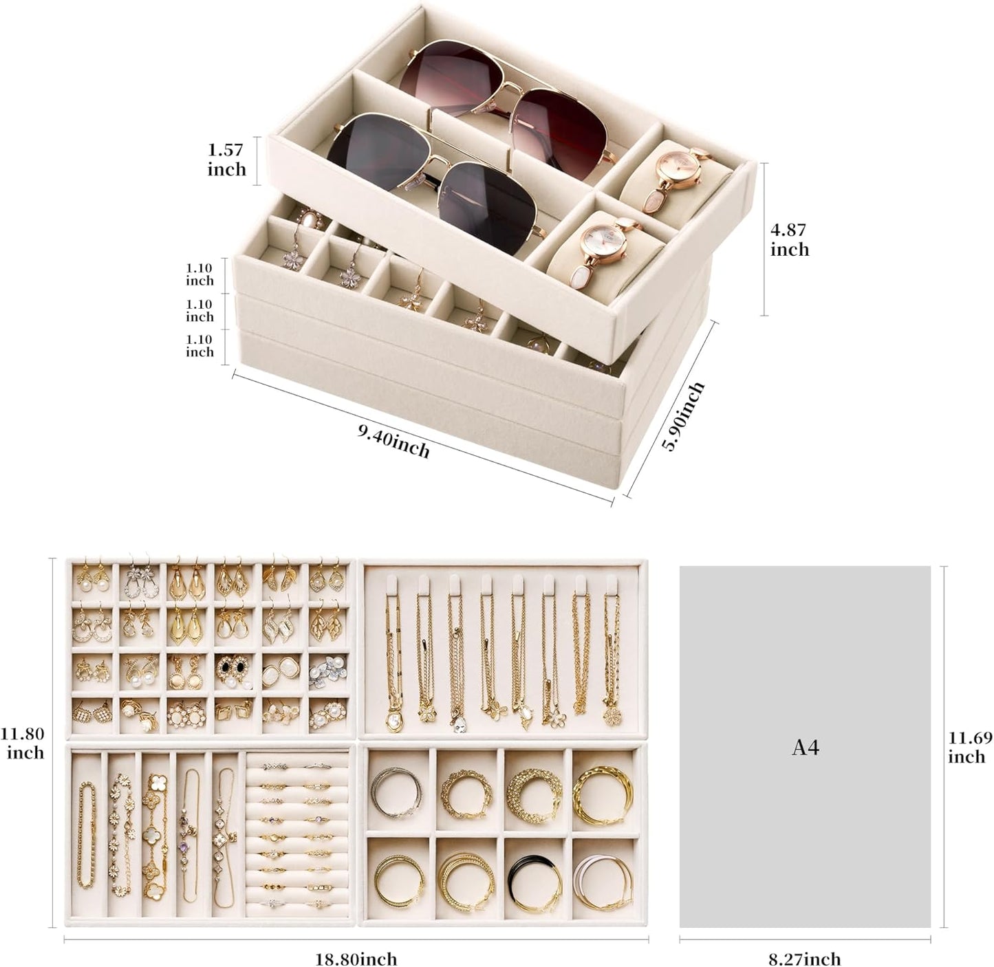 Velvet Jewelry Drawer Organizer Trays / Beige / Compact
