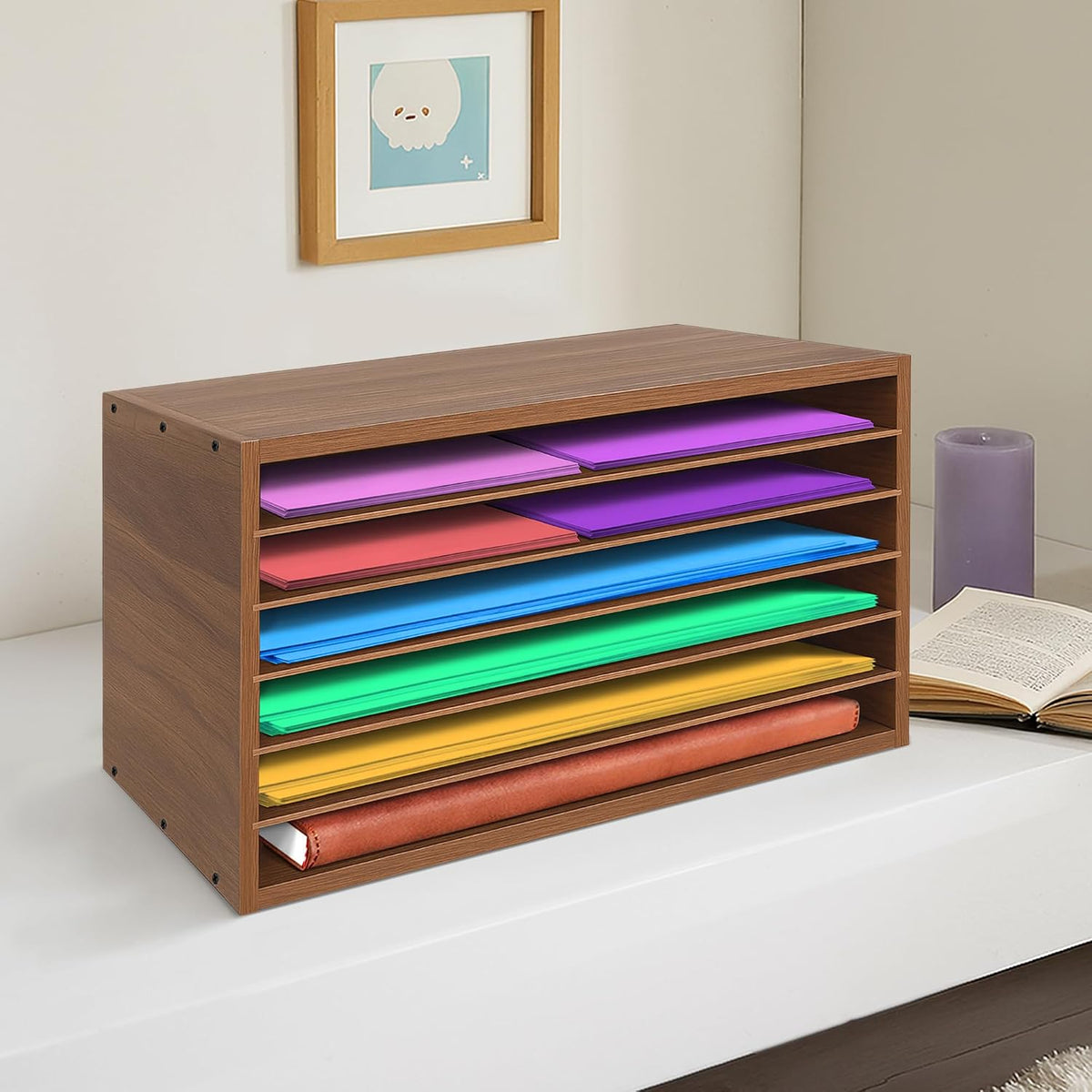 Construction Paper Organizer 20" x 13.5" x12.2",Soild Wooden Paper Organizer with 6-Tier Letter Trays, Desktop File