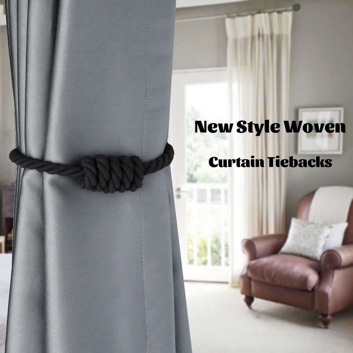 BEL AVENIR Magnetic Cotton Curtain Tiebacks 6 Pack Hand-Woven Curtain Ties | Black Cotton Decorative Curtain Holdbacks