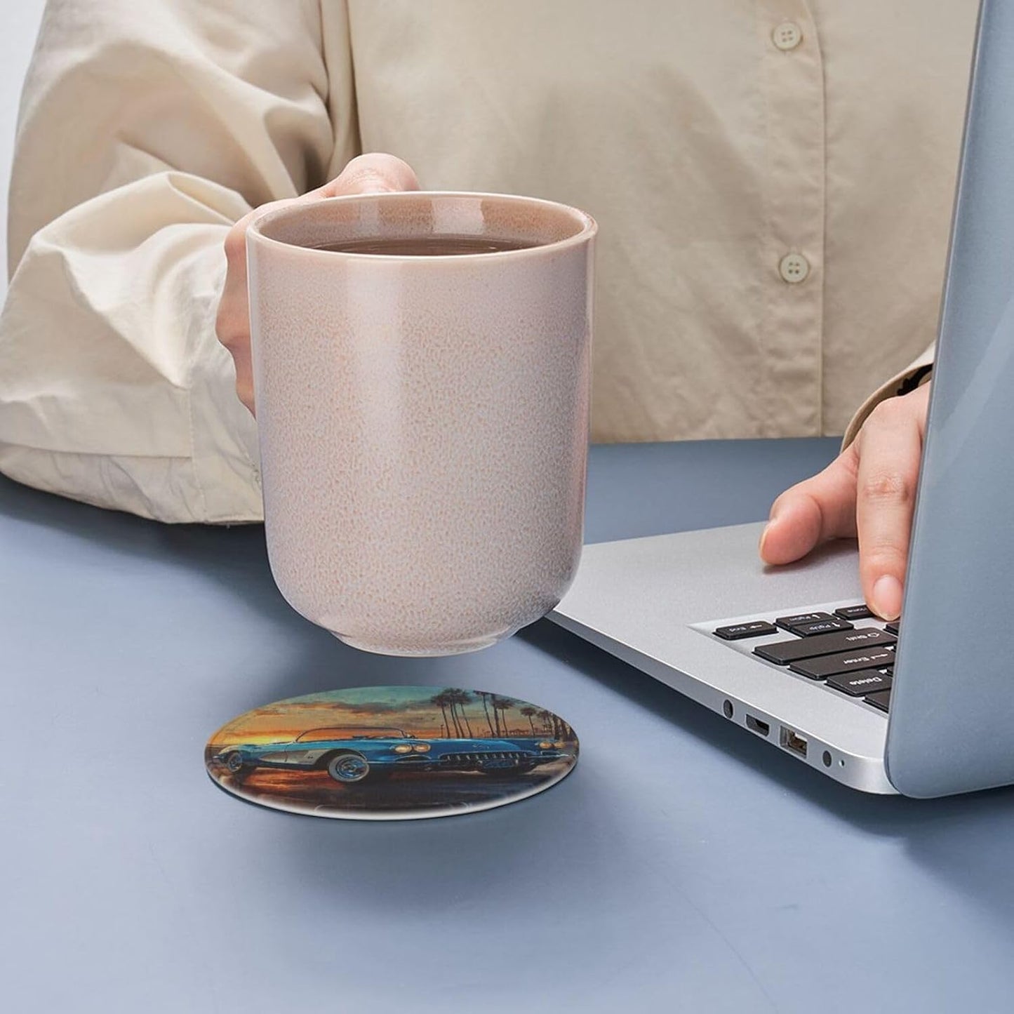 Holder Round Leather Coasters Cups Mugs Mat Pad / Car Print / Set of 6