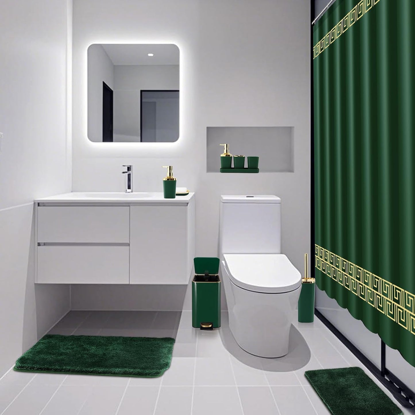XLHOMO Bathroom Sets with Shower Curtain and Rugs Bathroom Accessories Set Hunter Green Bathroom Set,Soap Dispenser &
